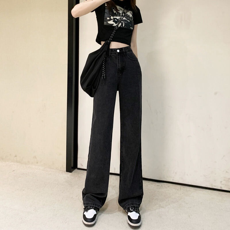 Black Grey High Waist Wide Leg Pants Jeans Women's Spring and Autumn chubby girl Straight Loose plus size Slim Look Trousers Spring Black Grey High Waist Wide Leg Pants Jeans Women's Spring and Autumn chubby girl Straight Loose plus size Slim Look Trousers Spring
