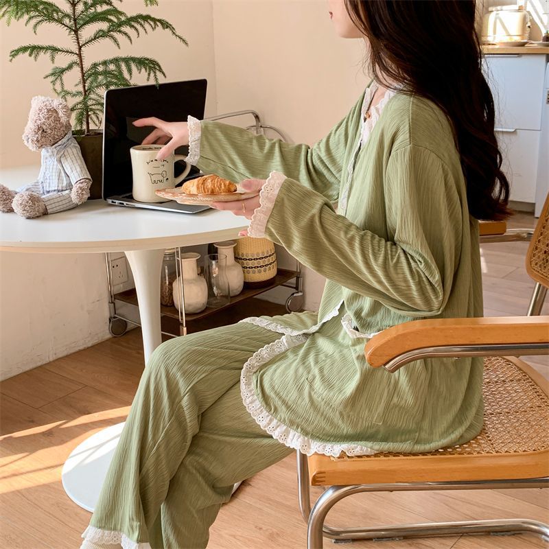 Al por mayor transfronterizo primavera y otoño nuevo con cojín de pecho encaje de bambú jacquard camiseta encaje ropa de casa pijamas mujeres