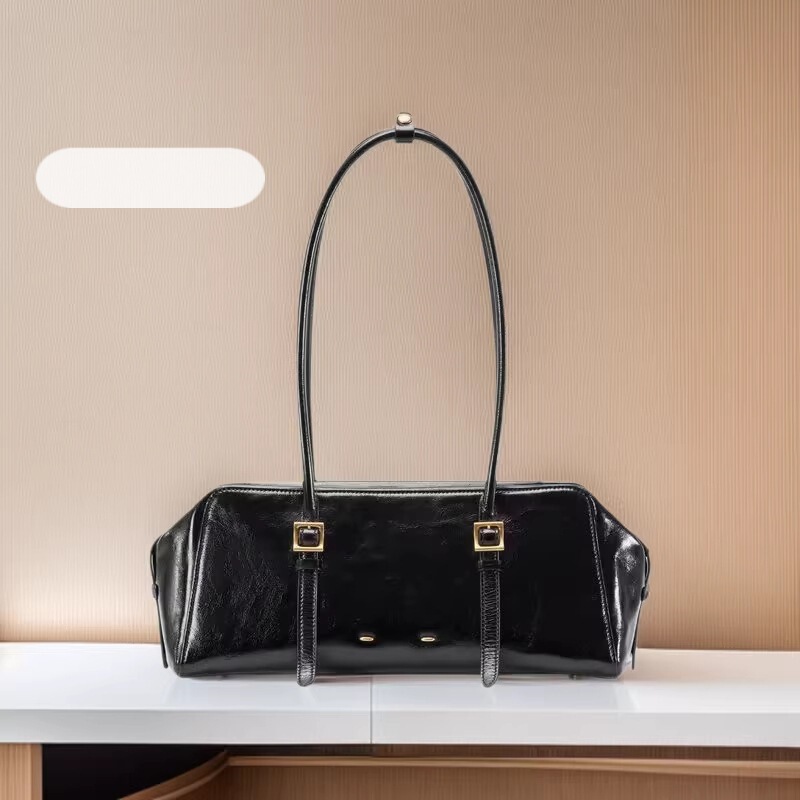 [Same Style as Zhu Zhu] Fabrique Boston Long Oil-Waxed Suede Underarm Bag Women's Leather Shoulder Baguette Bag