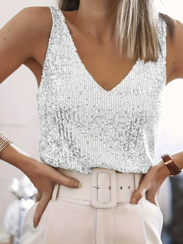 Cross-border European And American Shiny Tank New Women's Sequined Sleeveless Top, V-neck Sexy Base Shirt Top_ecoleips.com