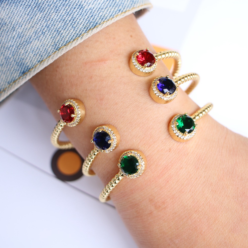 Copper gold-plated jewelry simple green red zircon geometric crystal open bracelet
