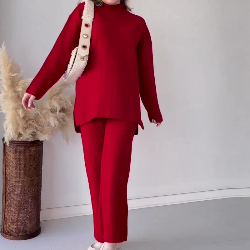 Damenbekleidung Herbst neue Mode einfarbig Rundhals mittlere Länge beiläufiger lockerer Pulloveranzug_voghion.com