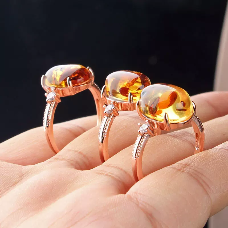 天然琥珀花珀戒指 活口镶嵌蜜蜡福禄女戒 个性蜜蜡耳坠 直播货源