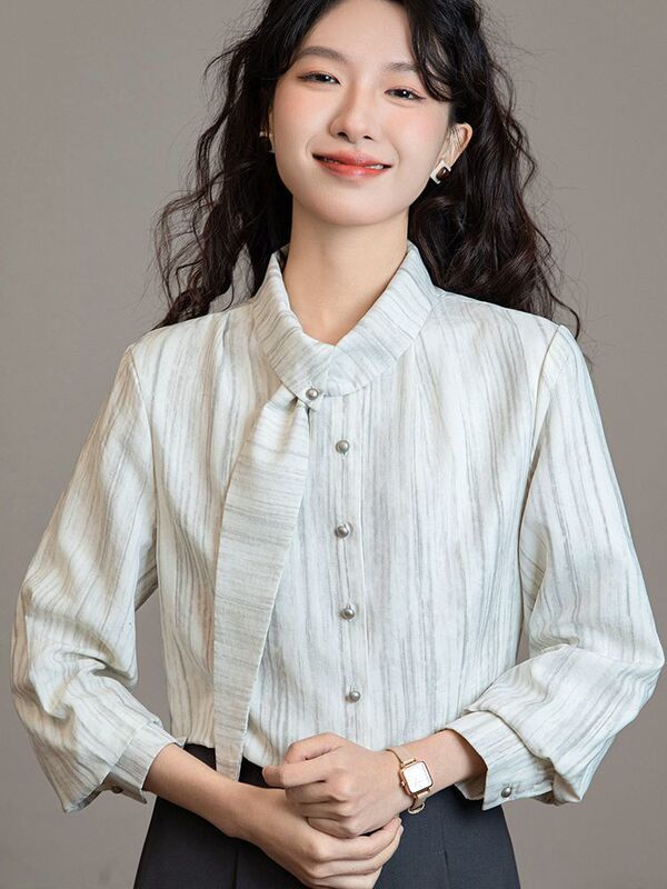 法式设计小众条纹飘带衬衫女春秋2025新款高级感休闲港风复古上衣|undefined