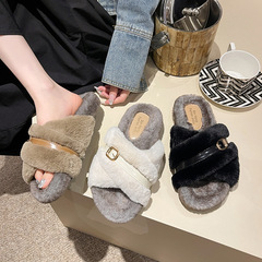 2024年秋冬新款交叉毛毛拖鞋女外穿加絨厚底百搭平底居家棉拖