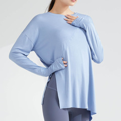 【加大碼】可打結兩穿瑜伽服女圓領長袖t恤透氣長款健身跑步罩衫