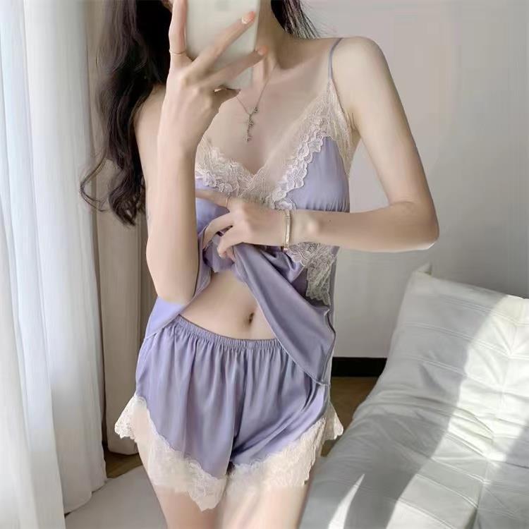 95 Satin Ice Ribbon Chest Pad Sling Shorts suit Pajamas Two-Piece Sexy Women's Home Clothes