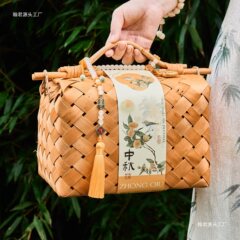 2025月饼包装盒礼盒空盒中秋仿藤手提杨木编织包手提竹篮礼品盒子