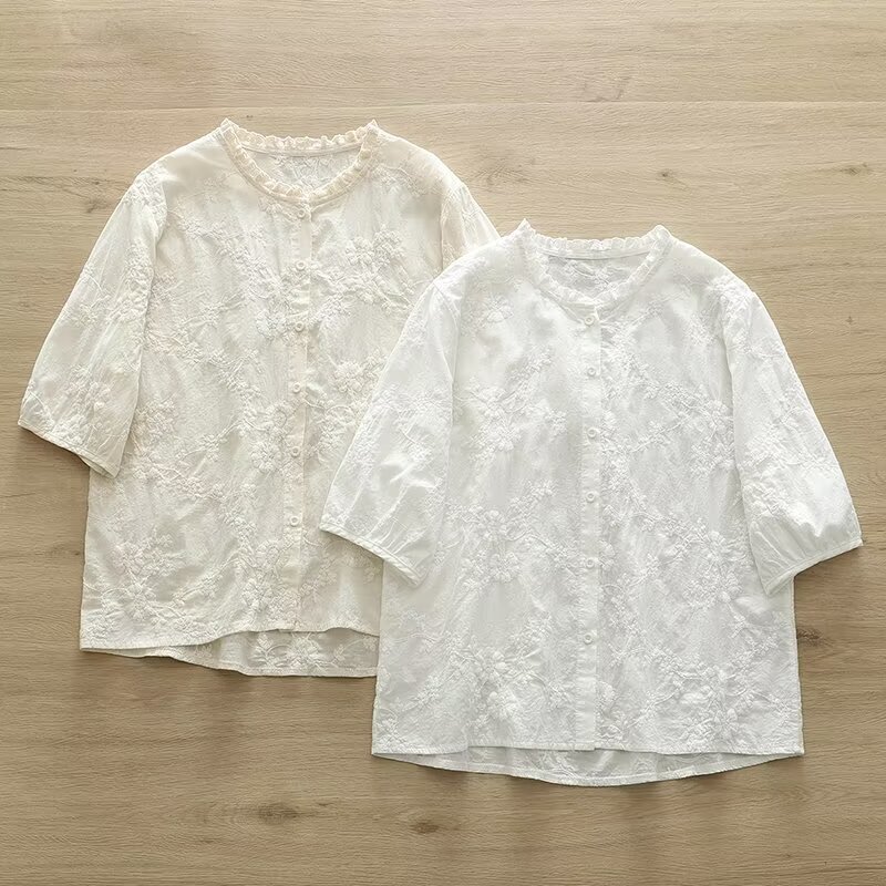 Japanese Mori Girl Style Collar Fungus Lace Embroidered Loose Cardigan Shirt Summer Short Sleeve Shirt Wholesale Trendy Japanese Mori Girl Style Collar Fungus Lace Embroidered Loose Cardigan Shirt Summer Short Sleeve Shirt Wholesale Trendy