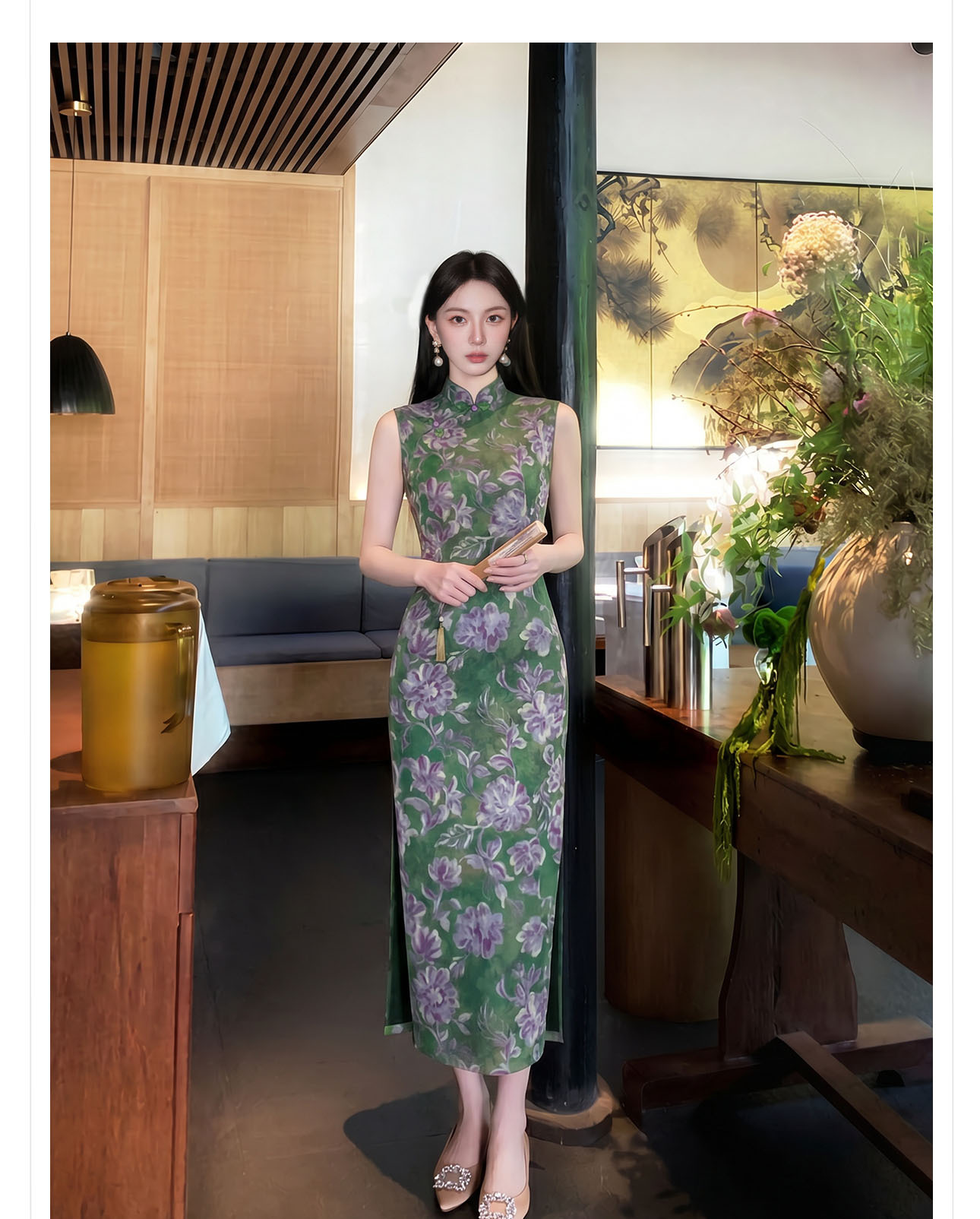 Đầm ôm body nữ dài tay in họa tiết hoa xanh cổ điển — xanh lá cây chi tiết 10