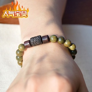 Vintage Green Sandalwood Buddhist Bead Bracelet, Black Sandalwood Ethnic Style for Men and Women, Retro Artistic Original Sandalwood