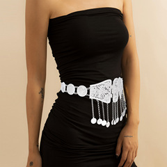 Cross-border women's waist accessory: Fashionable hollow, irregular body chain in silver-plated alloy with tassel and coin design—perfect for creating a slimming look as a navel chain.