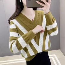 【绵羊绒】条纹绵羊绒女衫秋冬v领毛衣宽松内搭洋气套头针织打底