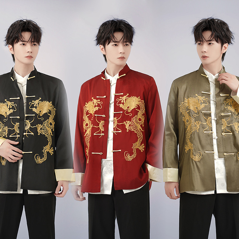 2026春秋新款爸爸唐装男衬衫套装长袖中老年太极服中国风晨练批发