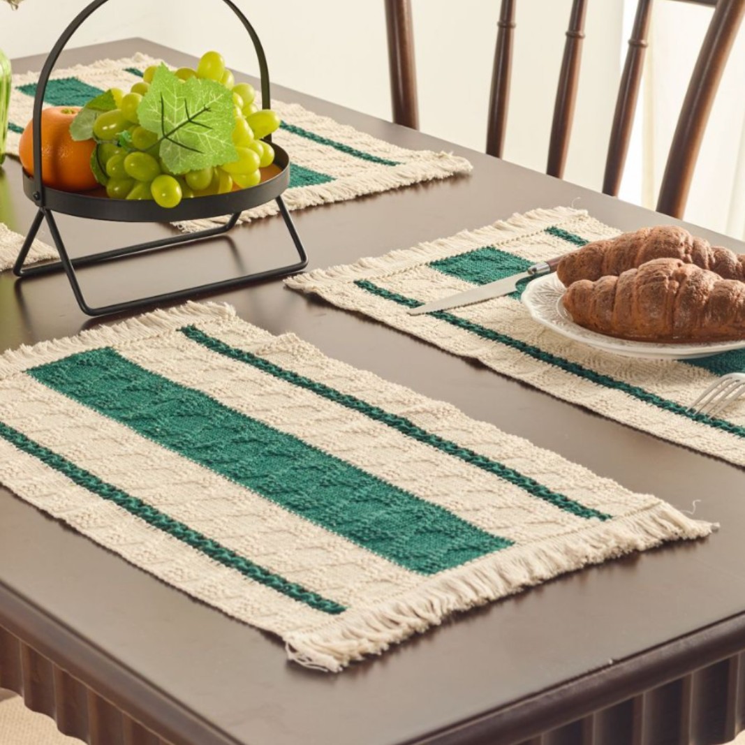 Yi qiyun cuerda de cáñamo placemat vacaciones vajilla estera tejida color a juego rayas borla tazón estera suministro directo de fábrica