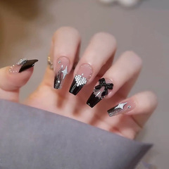 Light Luxury Spice Girl Style Wear-on Nail Sheet Black Bow Tie Elegant Nail with Heart Sparkle Diamond Nail Sticker
