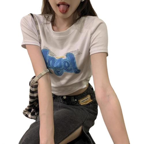 Korean-style spicy girl short white letter T-shirt for women, 2025 summer new design—Instagram-inspired, slim-fit, and figure-flattering short-sleeve top