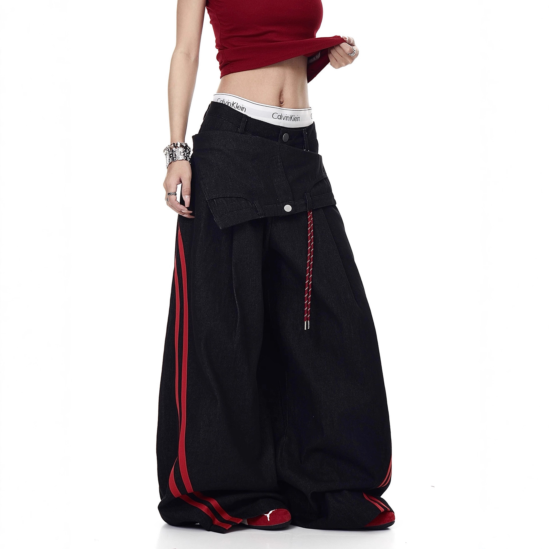 欧美可拆卸屁帘撞色拼接阔腿牛仔裤女休闲设计感宽松爵士舞弯刀裤