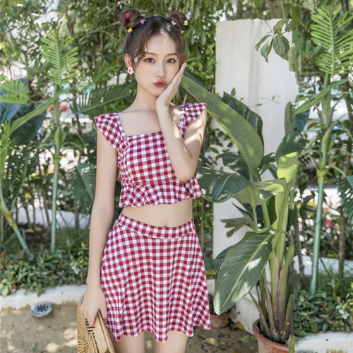 2024 new swimsuit women's split bikini conservative small fresh plaid cute girl student swimsuit