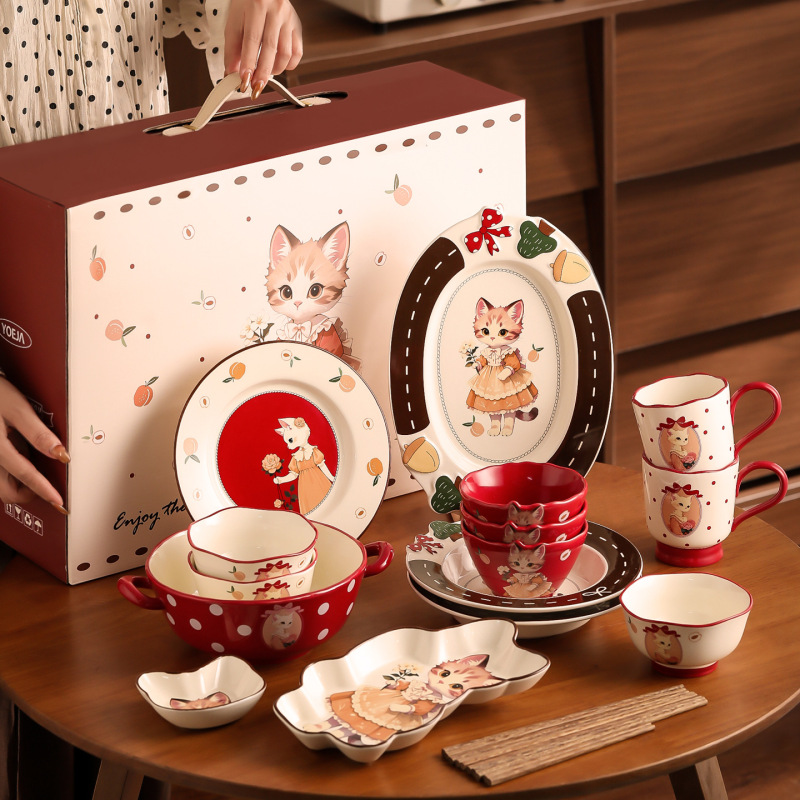 Retro Cartoon Ceramic Bowl and Plate Set for Home Use, Large Capacity, High Aesthetic Value, Cute and Fun Bowl and Plate Combination, Soup Bowl, Tableware Gift Box