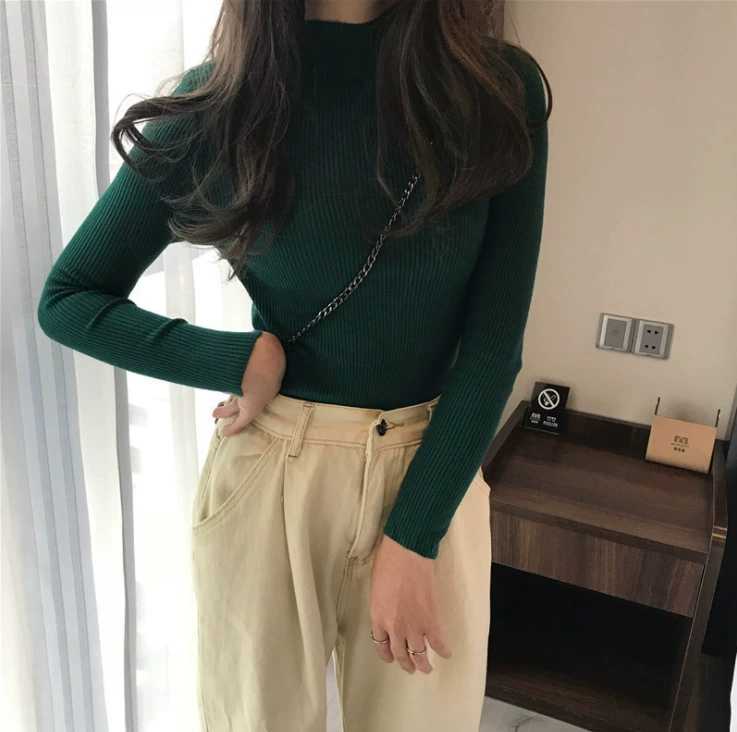 Свитер облегенного кроя из rib-knit, корейский стиль, высокий воротник, длинный рукав, один размер