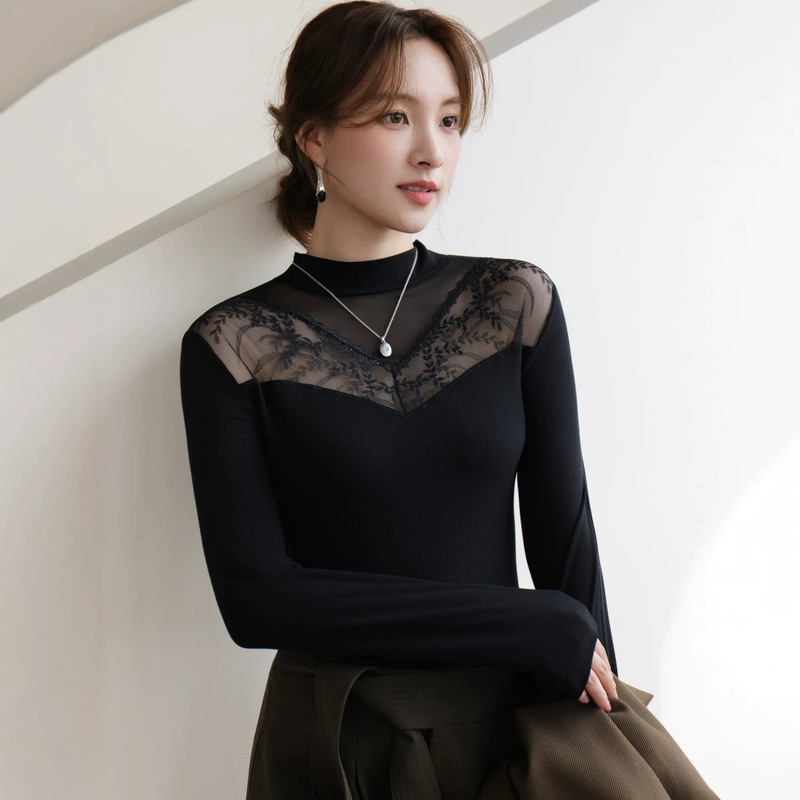 702 Autumn/Winter New Half-Turtleneck Lace Patchwork Long Sleeve Base Shirt for Women, Versatile High-Elastic Ribbed Cotton T-Shirt Top