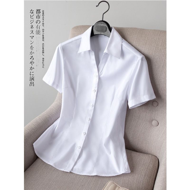 夏の新型vネック韓国版白シャツ女性半袖作業服正装修身職業シャツが痩せています。|undefined