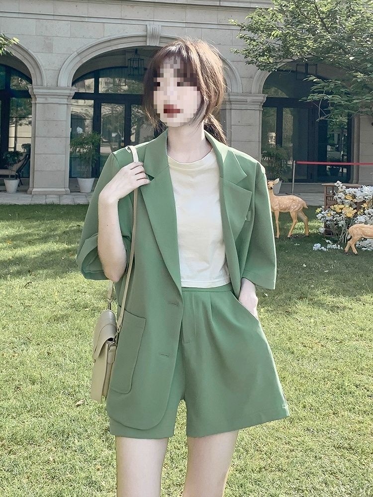 Bộ blazer nữ tay ngắn kèm quần short Hàn Quốc mỏng nhẹ mùa hè — Màu đen [Vải], Cỏ xanh [Vải], Gạo trắng [Vải], Màu hồng [Vải] chi tiết 17