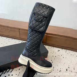 2025B小香风菱格书包扣长筒骑士气质时尚长靴厚底增高真皮马丁靴