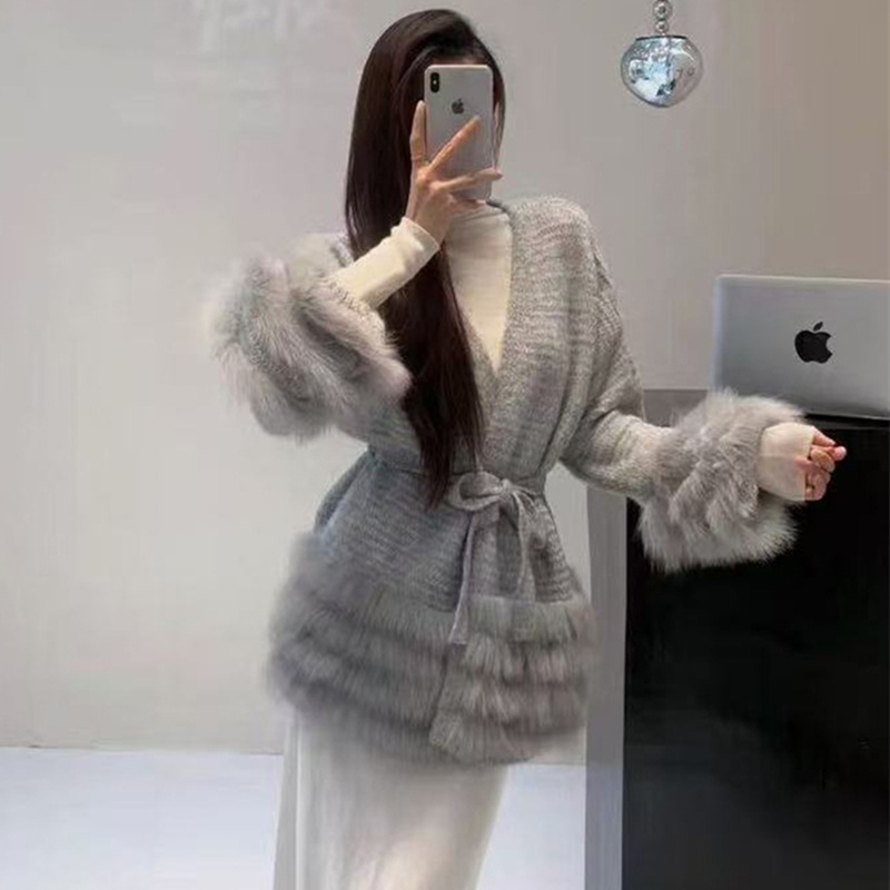 Autumn and Winter French Style Gentle Style Loose Tie Collar Fur Stitching Long-Sleeved Knitted Cardigan Sweater Jacket for Women