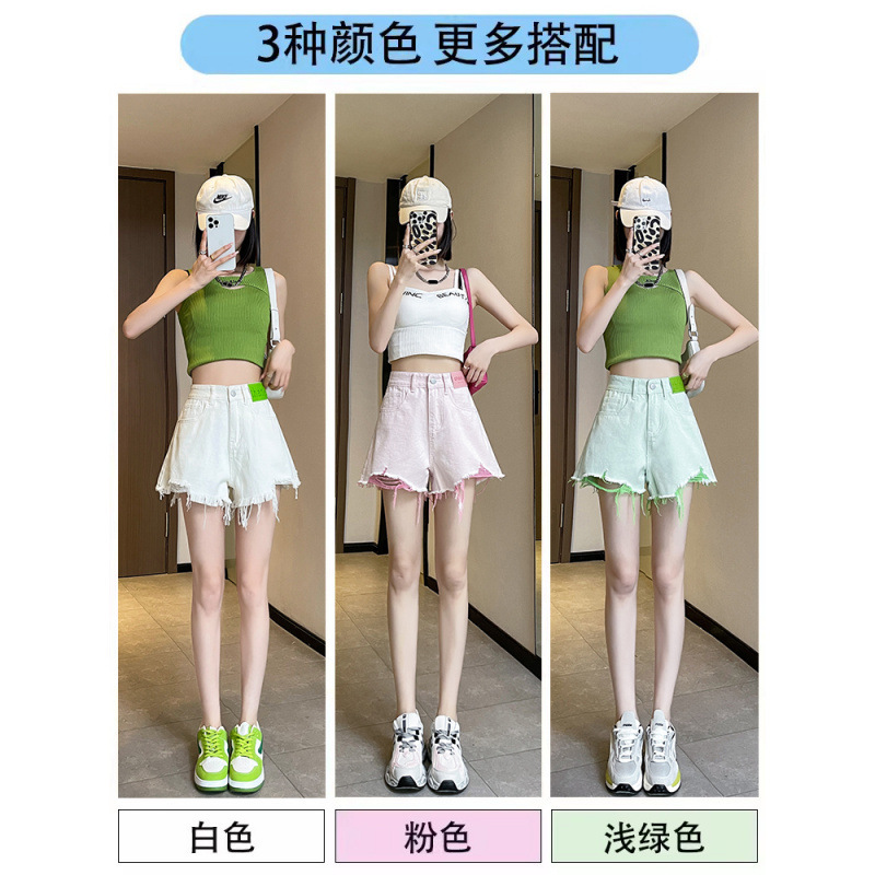 Light Green Ripped Denim Shorts for Women, Summer Thin Style, Popular High-Waisted A-Line Wide-Leg Hot Pants for Petite Figures Light Green Ripped Denim Shorts for Women, Summer Thin Style, Popular High-Waisted A-Line Wide-Leg Hot Pants for Petite Figures