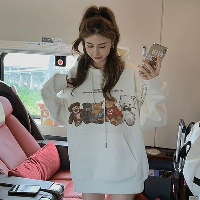 Толстовка с капюшоном и принтом медведя, женская осенне-зимняя одежда, новинка 2023, бархатный утолщенный корейский стиль, самая популярная подходящая модная верхняя одежда Ins