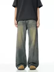Niche worn-out vintage washed straight jeans men's autumn New loose all-match wide-leg mop pants
