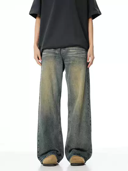 Niche worn-out vintage washed straight jeans men's autumn New loose all-match wide-leg mop pants