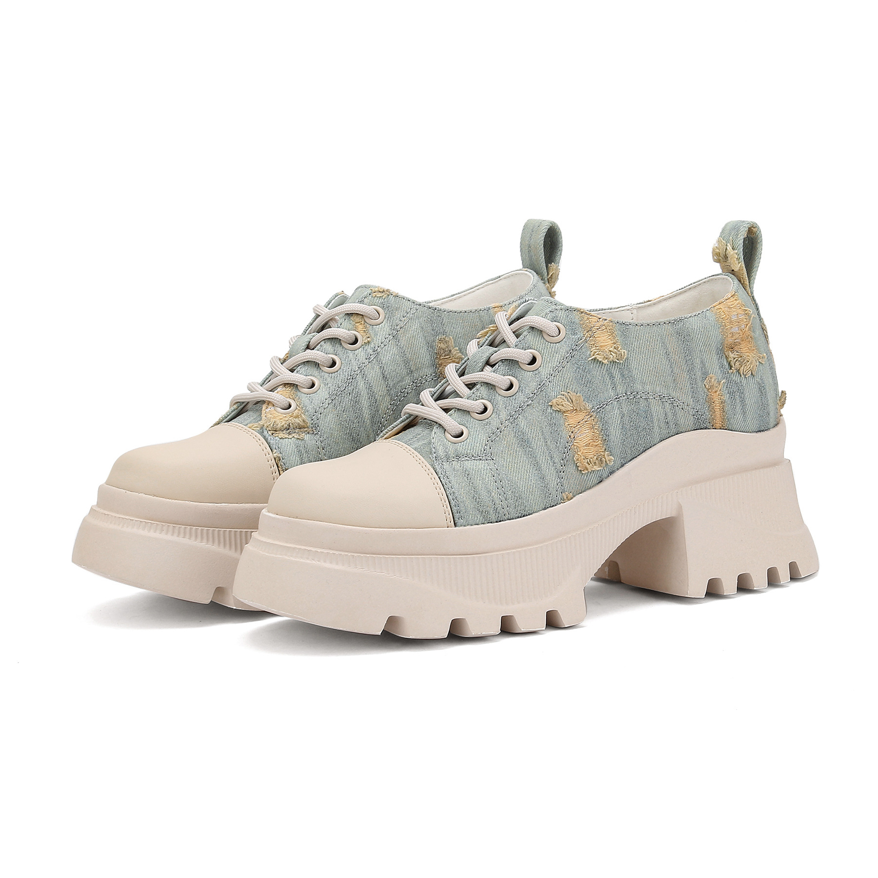 Biscuit big toe increased height and thick soles, seasonal casual shoes, denim canvas shoes for women with pants_voghion.com