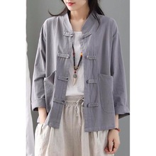 复古中式盘扣棉麻外套宽松休闲女士开衫春秋外搭禅意茶服上衣