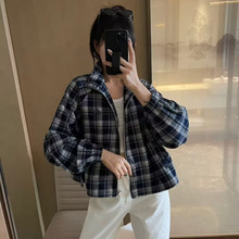 早秋新款女装格子立领廓形拉链短外套082707