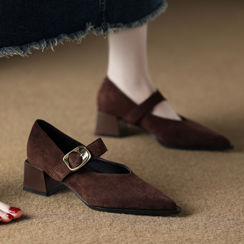 83656-7 High-heeled Shallow Mouth Leather Shoes 2025 Spring and Summer New Frosted Pointed Retro Single Shoes Mary Jane