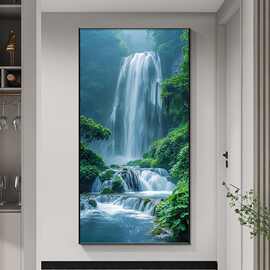 流水生财挂画进门入户玄关装饰画中式过道走廊尽头壁画瀑布风景画