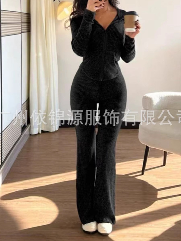 2025欧美跨境外贸女士修身春秋休闲拉链上衣长裤舒适套装|undefined