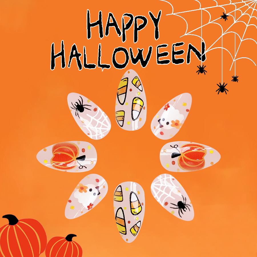 Halloween False Nails Pumpkin Spider Web Ghost Almond Shaped Set_voghion.com