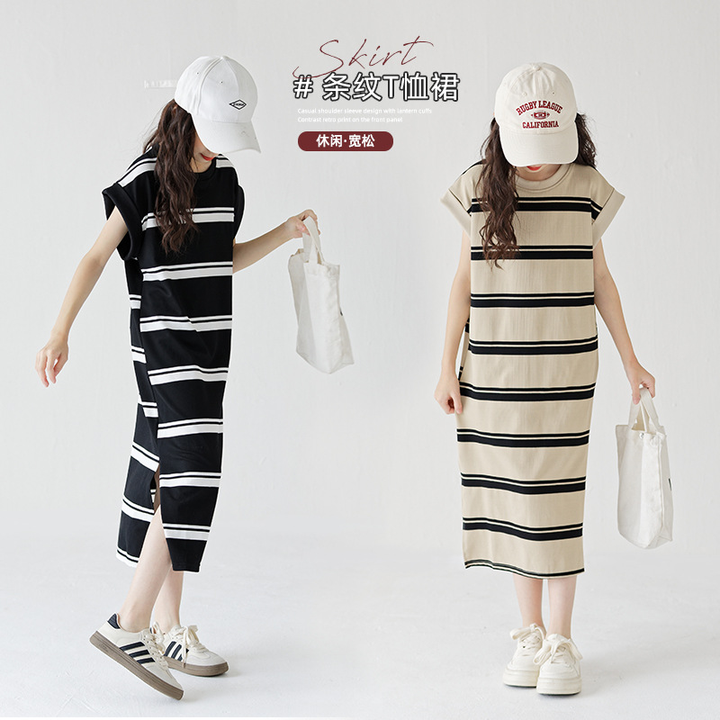 Girls' Summer dress Western Style Mid-Big Children's Long Skirt Korean Style Children's Long T-Shirt Short-Sleeved Summer Striped Skirt