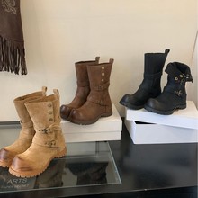 牛皮版】厚底大头马丁靴内增高女2025新款复古西部靴时尚休闲骑士