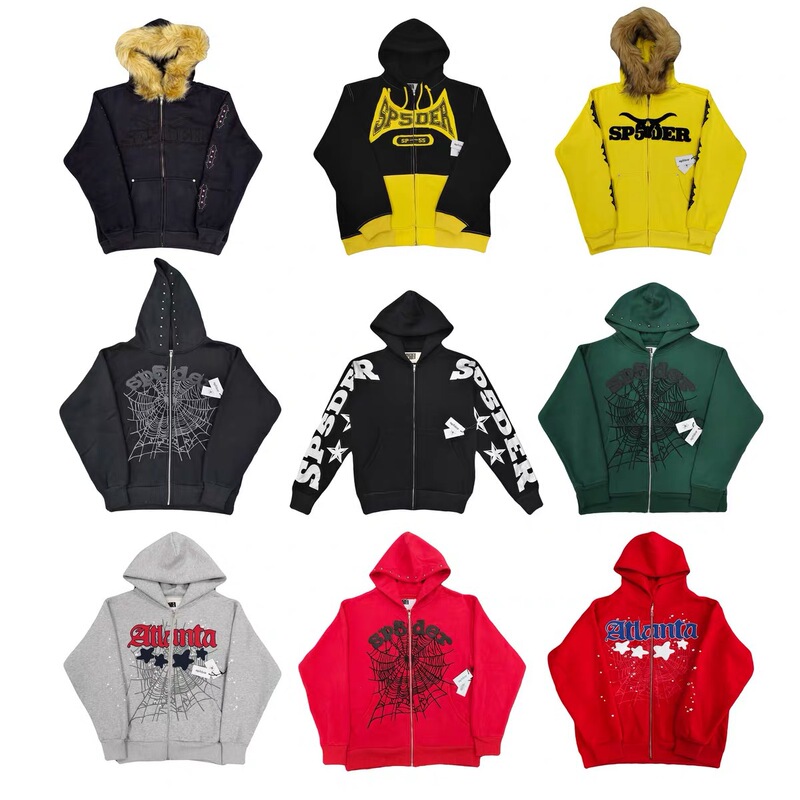 Cross-border best-selling cardigan zip-up jacket with spider letter print, high street trendy sports hoodie sp5der sweatshirt for men