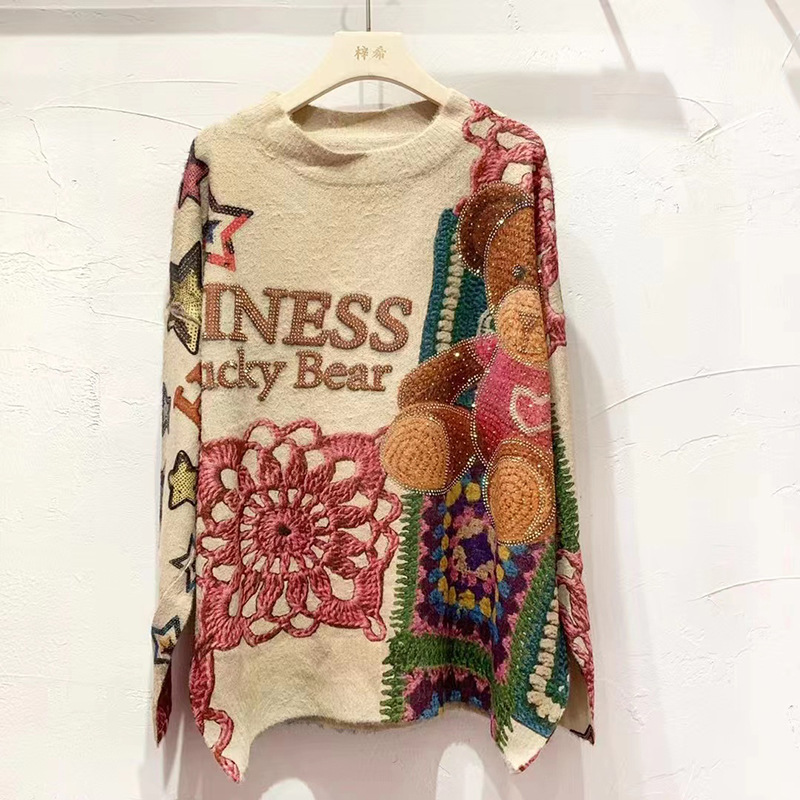 2023 nuevo Otoño e Invierno suéter de terciopelo de visón de imitación de manga larga bordado oso rhinestone forrado de lana más tamaño cálido Americano Superior