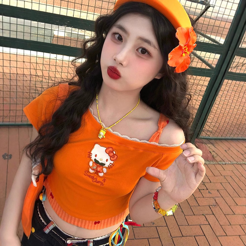 Oblique Collar Shoulder Short Kt Cat Embroidered Lace Hollow Short-sleeved T-shirt Women's Summer Sweet Spice Girl Dopamine Top Ins