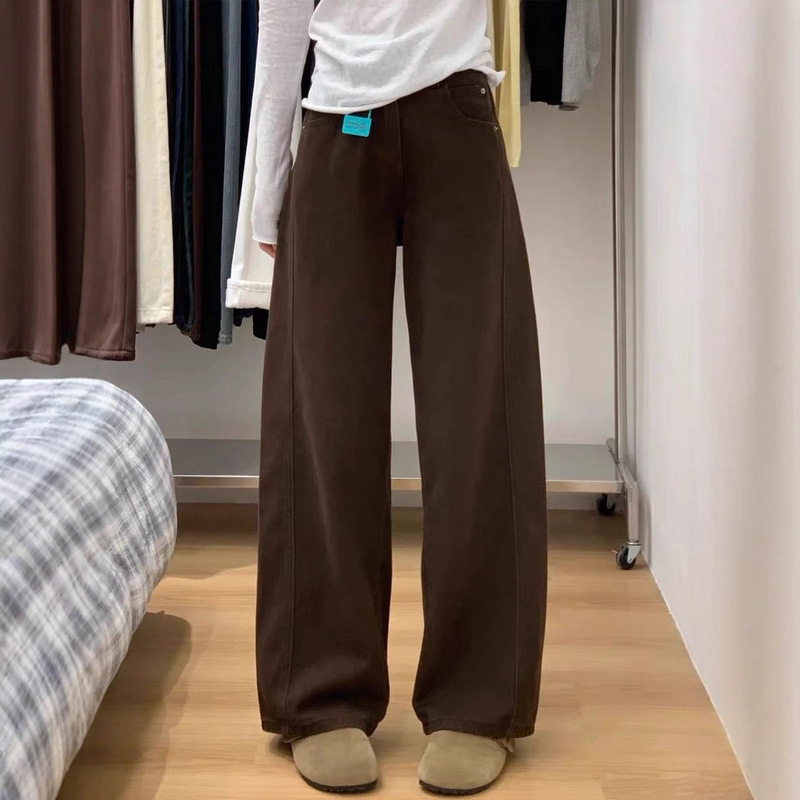 美式复古棕色弯刀牛仔裤女2025秋季新款梨型身材直筒巨显瘦阔腿裤|undefined