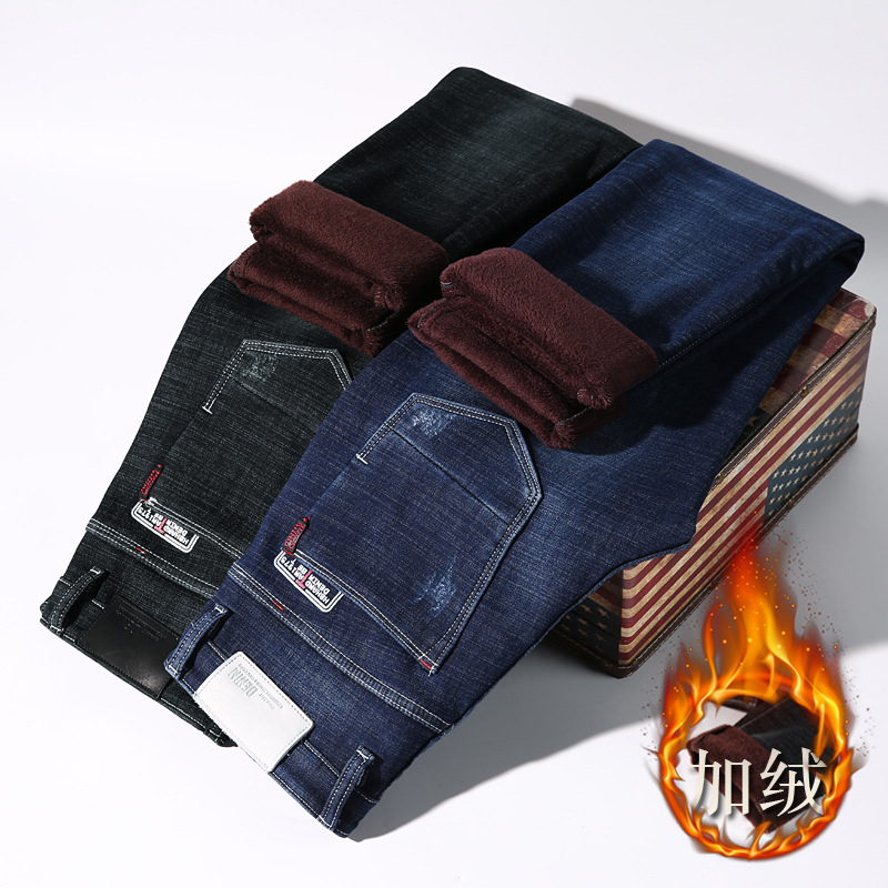 Winter Warm Fleece-Lined Thickened Men's Jeans High Elasticity Plus Size for Middle-Aged Men Straight Elastic Winter Warm Fleece-Lined Thickened Men's Jeans High Elasticity Plus Size for Middle-Aged Men Straight Elastic