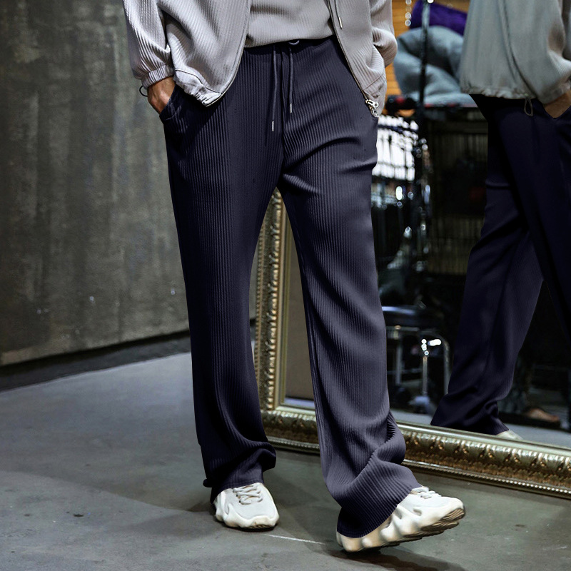 Pantalones de hombre de talla europea para primavera y otoño, de jacquard a rayas, de pierna ancha, casuales, holgados, acanalados, con cordón, de pierna recta, tallas grandes.