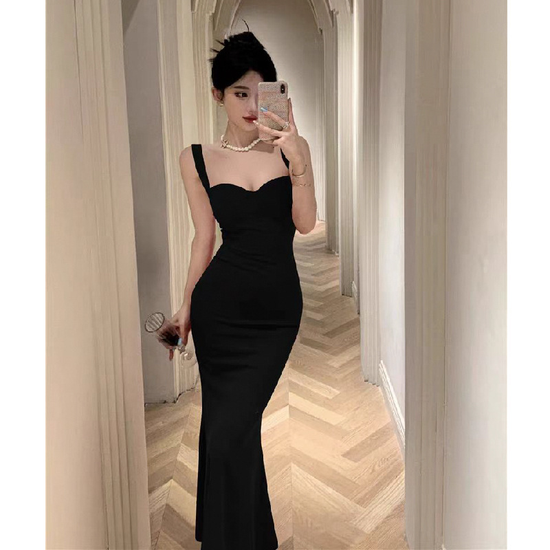 Hepburn Style Little Black Dress, Retro Elegant, Celebrity Long Dress, Slim Fit Evening Dress, High-End Suspender Dress for Women